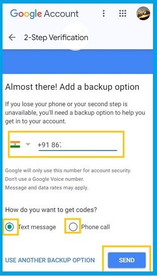 Add mobile number in google two step Verification