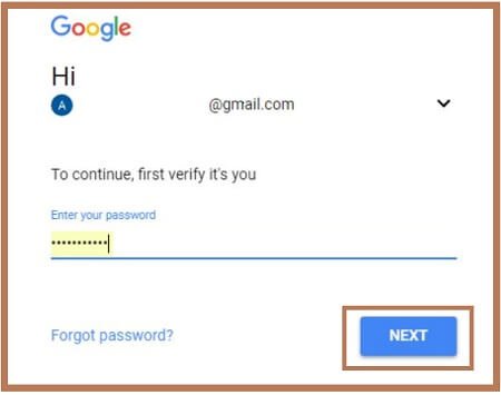 apne gmail account ka password dale aur next par click kare