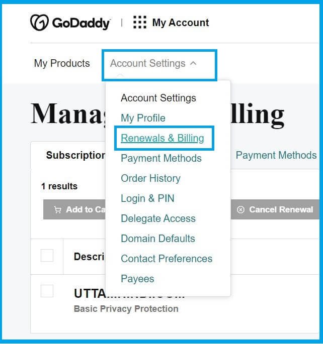 go to account settings page in Godaddy 