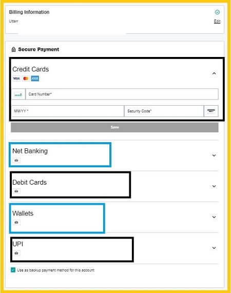 select Payment Option in billing information 