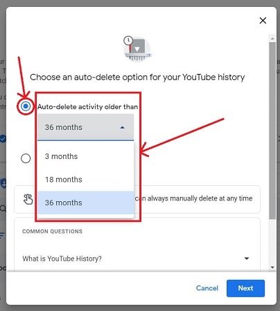 Choose an auto delete option for your Youtube History