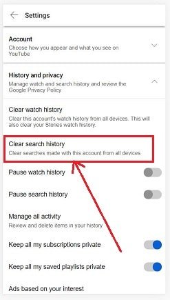 Click Clear Search History in YouTube Settings.