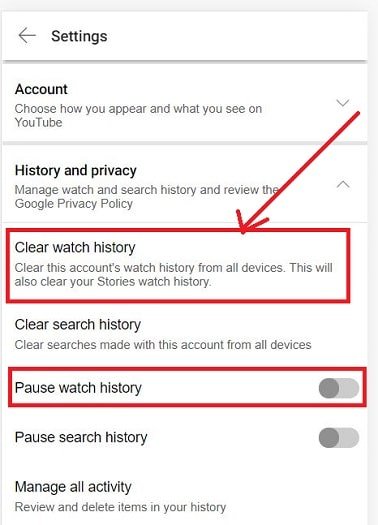 Click to Clear Watch History in Your YouTube Setting