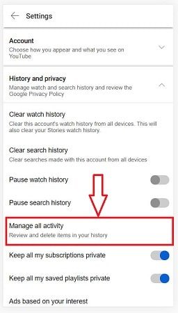 click Manage All Activity in YouTube
